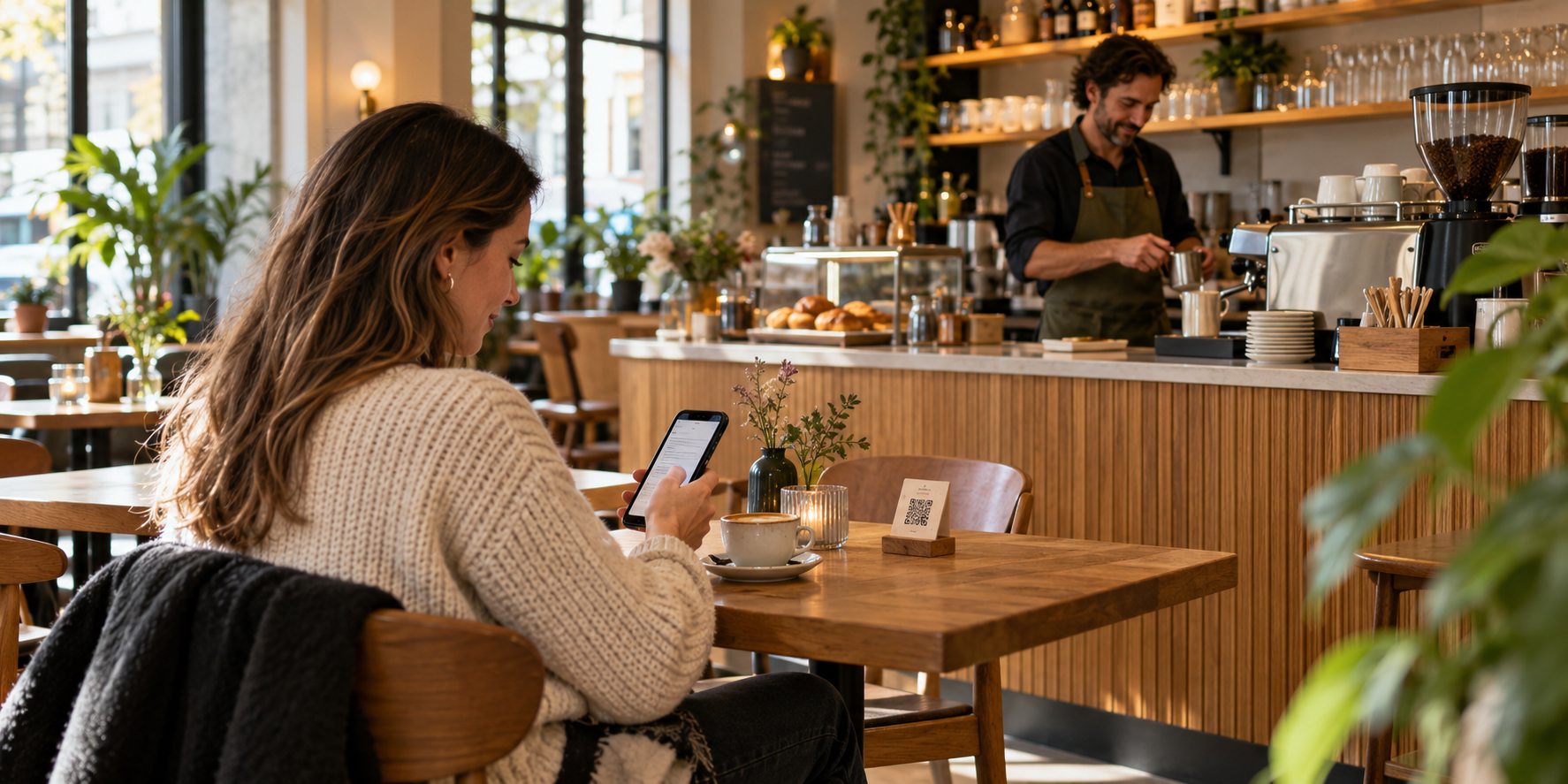 Een klant bestelt aan tafel met haar telefoon, terwijl de barista achter de bar koffie maakt